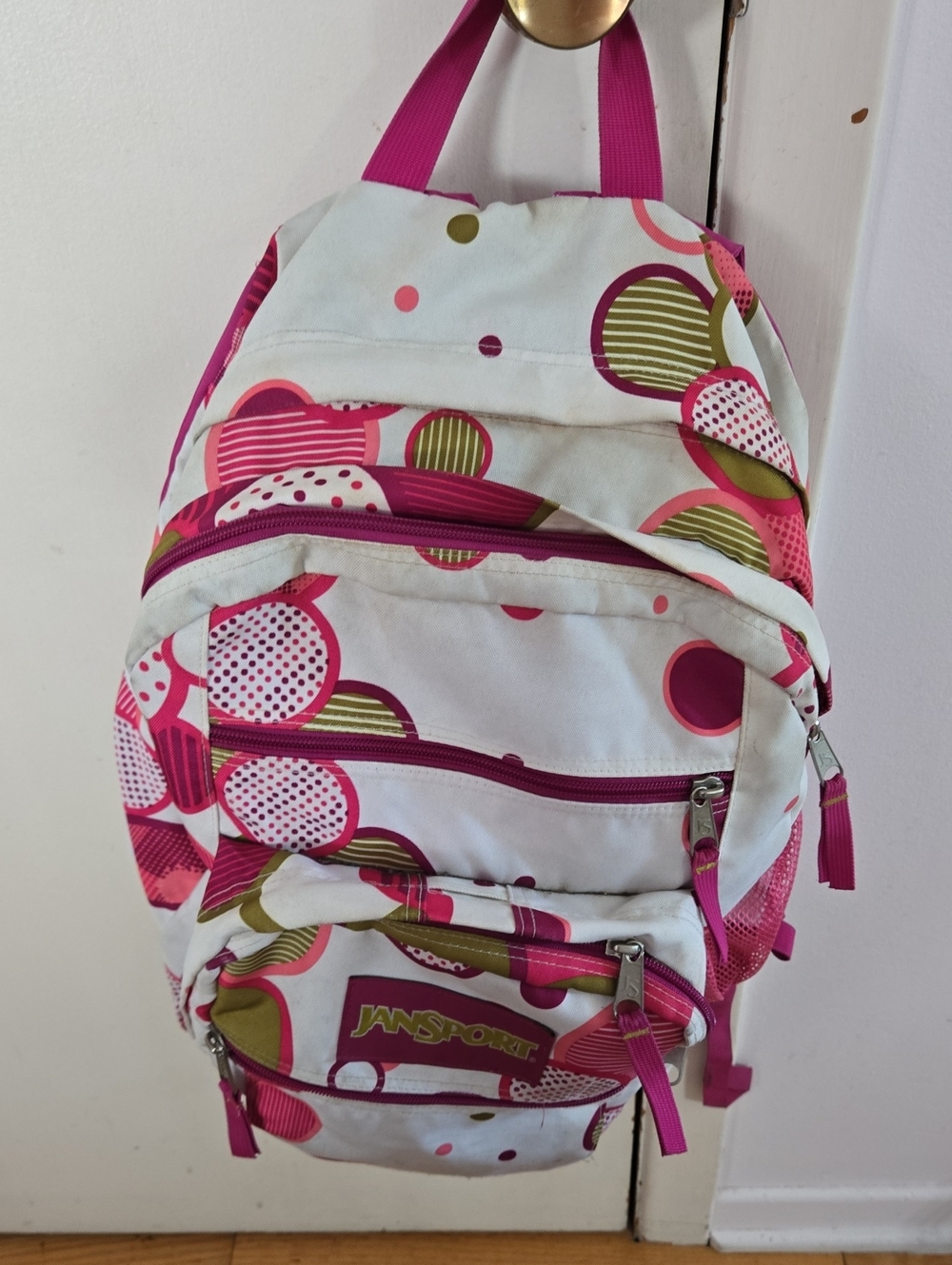 Jansport White Backpack with Pink and Olive Circle Print